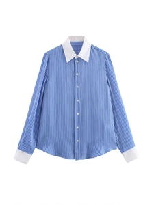 Chemise Femme Décontractée Rayée Bleu et Blanc Manches Longues Col Poignets Contrastés Chemisier Boutonné Bureau Streetwear