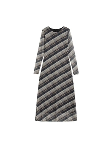 Longue robe à carreaux élégante à manches longues et col rond au motif vintage