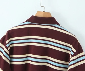 Detail eines Polo-Kragens aus Piqué-Baumwolle mit Vintage-Streifen auf einem Holzbügel