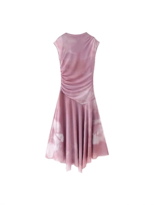 Sleeveless round neck pleated mesh midi dress in mauve purple with artistic tie-dye pattern