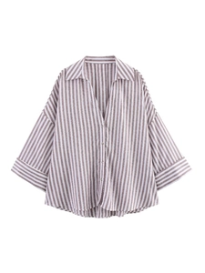 Chemise Décontractée à Rayures pour Femmes Mélange de Lin Manches Longues Boutonnée Revers Coupe Large Chemisier Marron Blanc Style Streetwear