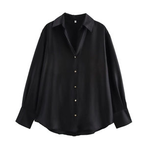 Elegant black satin long sleeve shirt for women with classic pointed collar and gold buttons
