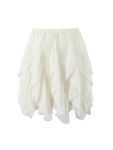 White multi-layer lace mini skirt with ruffled tiers and elastic waist for women