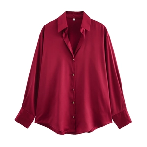 Women's deep red satin long sleeve shirt with golden buttons and a classic lapel design