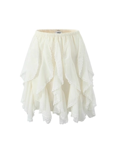 Chic cream layered ruffle skirt with lace patchwork and asymmetric hem for women