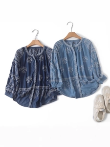 Women's Casual Floral Embroidery Tencel Denim Shirt Round Neck Loose Long Sleeve Bohemian Cotton Wash Top Blouse For Spring
