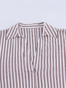 Chemise rayée décontractée en lin pour femme avec col à revers et décolleté en V