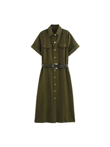 Women Short Sleeve Turn-down Collar Button Midi Shirt Dress With Belt Summer Utility Workwear Solid Green Dress