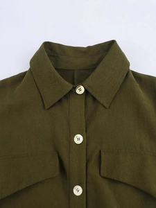 Olive green military style midi dress with classic lapel and metallic gold buttons