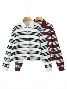 Polo de Manga Larga con Rayas Retro Americano para Mujer Ajuste Holgado Casual Bloques de Color Top de Punto Streetwear