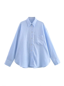 Chemise décontractée en lin bleu clair pour femmes avec manches longues et revers