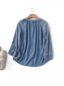 Blue long-sleeved shirt with white floral embroidery, casual loose fit cotton top