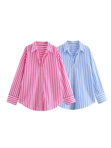 Damen Casual Gestreiftes Langarm Popeline Hemd Übergroße Revers Knopfleiste Bluse Top Frühling Herbst Mode Lose Passform Hemd