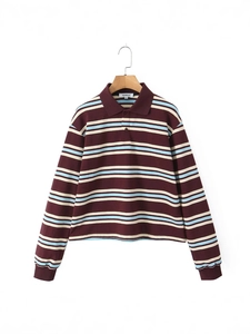 Camiseta polo de manga larga a rayas burdeos oversize con puños acanalados