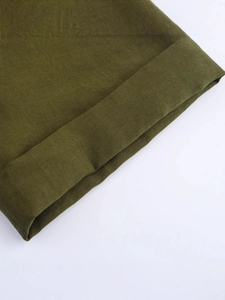 Army green short sleeve midi dress with button detail and textured twill cotton fabric