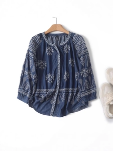 Blue denim flower embroidery round neck long sleeve casual loose shirt top for women