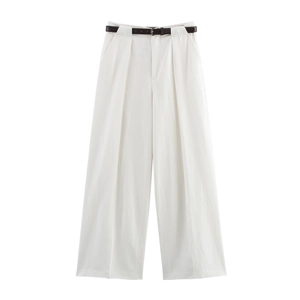 Damenhose mit hoher Taille und weitem Bein in Weiß mit schmalem Gürtel und Falten