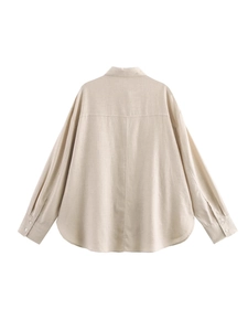 Chemise ample beige à manches longues pour femme en coton et lin avec col à revers