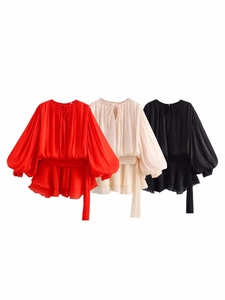 Women's Bubble Sleeve Mini Dress Solid Color Ruffle Hem Plaiting Waist Tie Round Neck Elegant Casual Party Short Dress