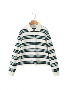 Top Polo corto de rayas para mujer con manga larga en blanco y verde