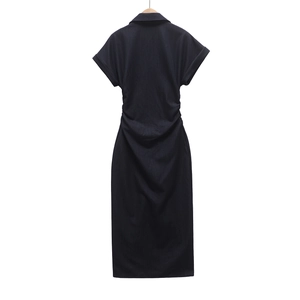 Back view of a deep blue short sleeve denim dress with waist pleats and lapel collar