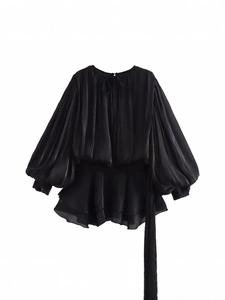 Elegant black puff sleeve mini dress with pleated hem and silky satin texture finish