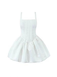 Women Elegant White Square Neck Satin Mini Dress Sleeveless Corset Style Boning Puffy Bubble Skirt Party Homecoming Short Dress