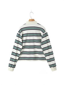 Camiseta polo de manga larga a rayas azul marino y verde para mujer con puños elásticos