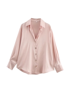 Élégante chemise en satin rose pâle à manches longues pour femme avec col à revers