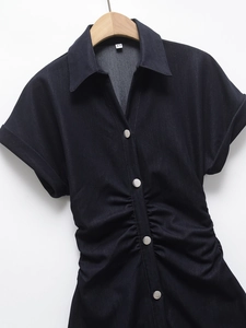 Short sleeve dark denim mini dress with V-neckline and waist pleats for women