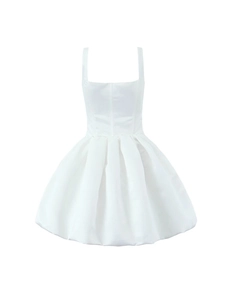 Elegant white square neck sleeveless satin mini dress with a voluminous A-line puffy skirt