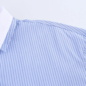 Close-up of blue and white striped shirt featuring a contrasting white Kent collar