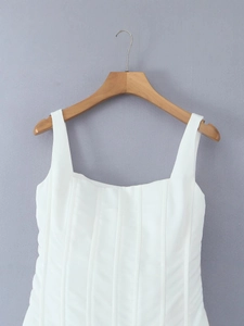 White square neck sleeveless mini dress with structured corset boning and slim fit design