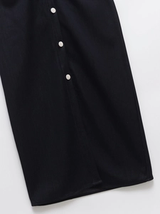 Women's summer dark blue denim skirt with silver buttons and stylish front slit design