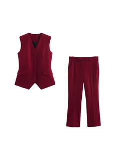 Mode Femme Rouge Vin Gilet Sans Manches Coupe Ajustée Et Pantalon Long Évasé Taille Haute Bureau Top Et Bottom