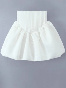 Elegant white square neck bubble dress with corseted waist and voluminous skirt