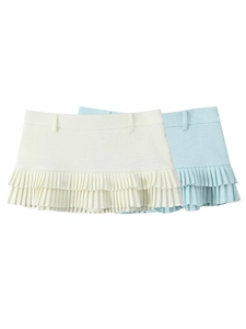 Women Sexy Low Waist Pleated Mini Skirt Double Layer Ruffle Hem Solid Color Sweet Streetwear Hot Girl Short Skirt