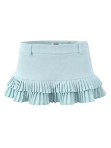 Sexy low-waisted light blue pleated mini skirt with layered ruffles and textured fabric