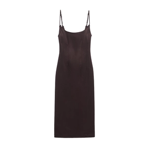 Detail view of coffee brown slim fit camisole dress showing structured seams and fabric texture
