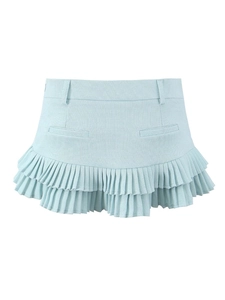 Light blue low waist pleated mini skirt with textured fabric and belt loops