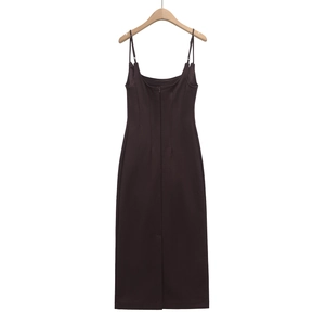 Detail view of deep chocolate slim dress with hidden back zipper and elegant slit