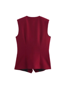 Ensemble gilet cintré bordeaux pour femme et pantalon évasé à taille haute de style chic
