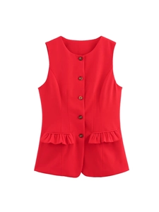 Damen Slim Fit Ärmellose Weste Anzug Rot Rundhalsausschnitt Einreihig Rüschen Tasche Detail Casual Mode Top