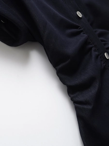 Short sleeve denim dress with gathered waist and silver buttons in dark blue