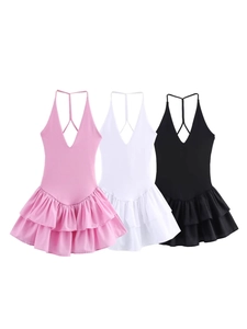 Robe Sexy pour Femmes Licou Col en V Profond Dos Nu Mini Robe Été Couleur Unie Ourlet à Volants Slim Fit Sans Manches Party