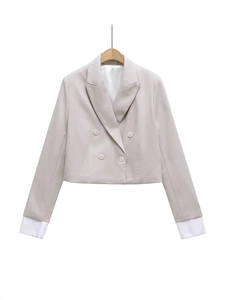 Damen Französischer Pendler-Stil Kurz Blazer Mantel 100% Baumwolle Reverskragen Zweireihige Jacke Mit Kontrastspleißen Manschetten