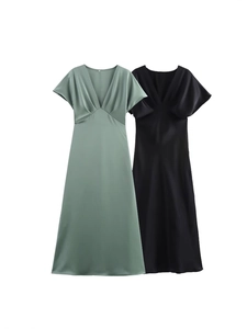 Women's Elegant V Neck Satin Midi Dress Short Sleeve Solid Color High Waist Silky Casual Long Dress For Party Wedding