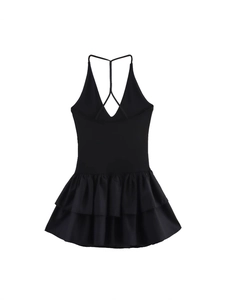 Robe dos nu noire sexy avec col en V et ourlet à volants double couche élégant