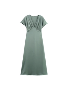 Elegant sage green satin midi dress with a V-neckline and short cap sleeves