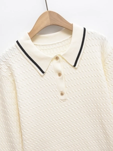 Chic cream cable-knit polo sweater with contrast stripe collar and gold buttons